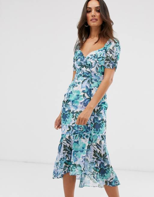 Hope & Ivy milkmaid midi dress with button front in blue floral | ASOS