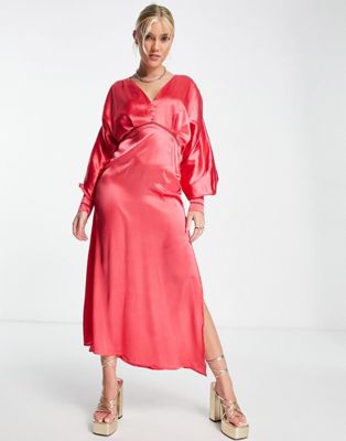 Hope & Ivy Milly satin batwing midi dress in coral