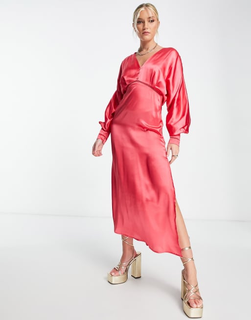 coral satin midi dress Silky Ring Detail Slip Midi Dress