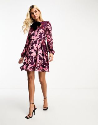 Hope & Ivy mini dress with tie neck in pink devore - ASOS Price Checker
