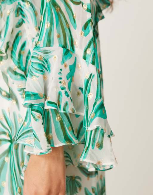 Hope & Ivy – Minikleid mit Tunnelzug-Ausschnitt, Rüschen-Ärmeln und grünem Palmenmuster, 3 von 4