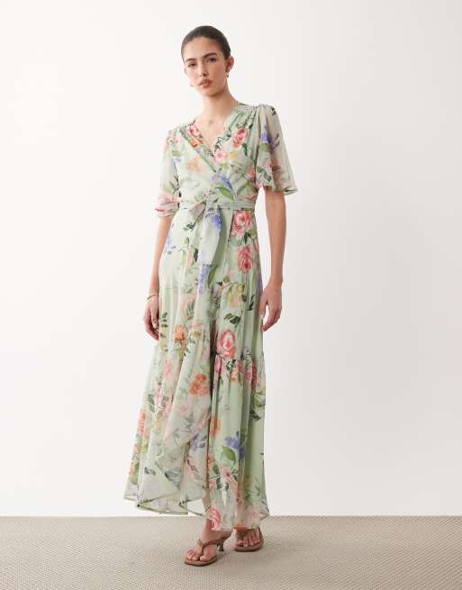 Hope & Ivy - Mintgrøn maxikjole med slå om-design og bindebånd i taljen samt flagrende ærmer og blomsterprint, 2 af 4