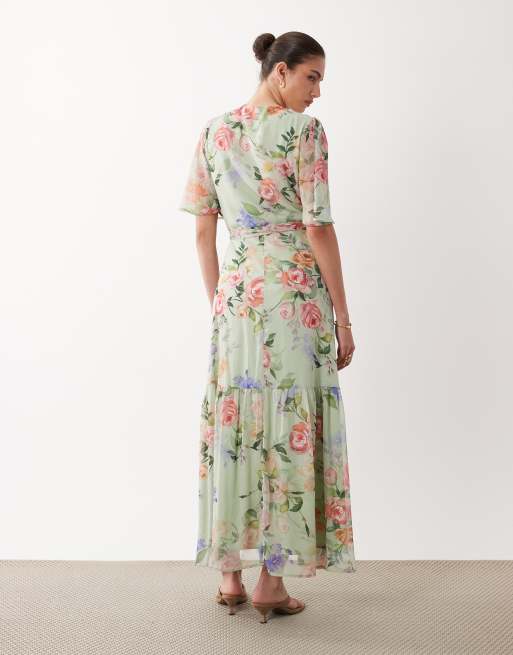 Hope & Ivy - Mintgrøn maxikjole med slå om-design og bindebånd i taljen samt flagrende ærmer og blomsterprint, 4 af 4