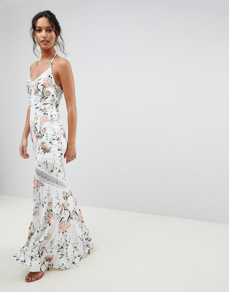 Hope & Ivy Mirrored Floral Printed Crochet Insert Maxi Dress-Multi
