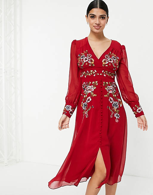 Hope & Ivy - Nette midi jurk met lange mouwen en borduursels in rood