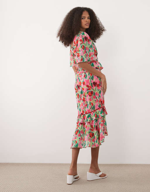Hope & Ivy - Nette midi-jurk met peplum taille in groene en roze print, 3 van 4