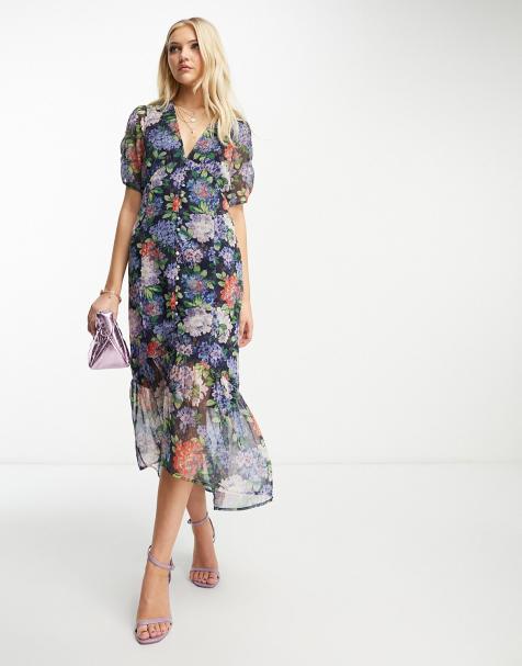 Hope & Ivy - Nette midi-jurk met pofmouwen in blauw met bloemenprint - view 1