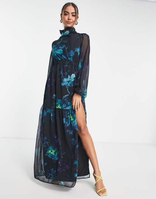 Hope & Ivy – Niebieska sukienka maxi w kwiatowy wzór z rozcięciem na udzie