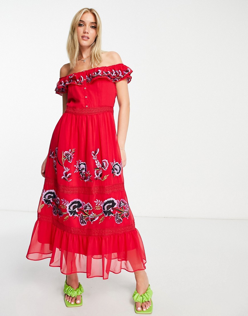 Hope & Ivy off shoulder embroidered midi dress in red