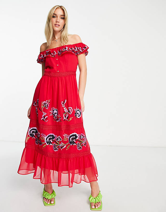 Hope & Ivy - off shoulder embroidered midi dress in red