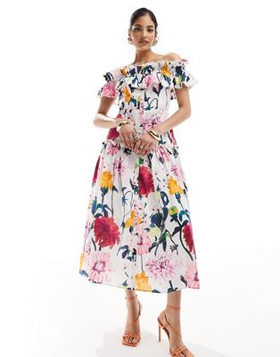 Hope & Ivy Off Shoulder Maxi Dress With Shirred Detail In Bright Floral-multi