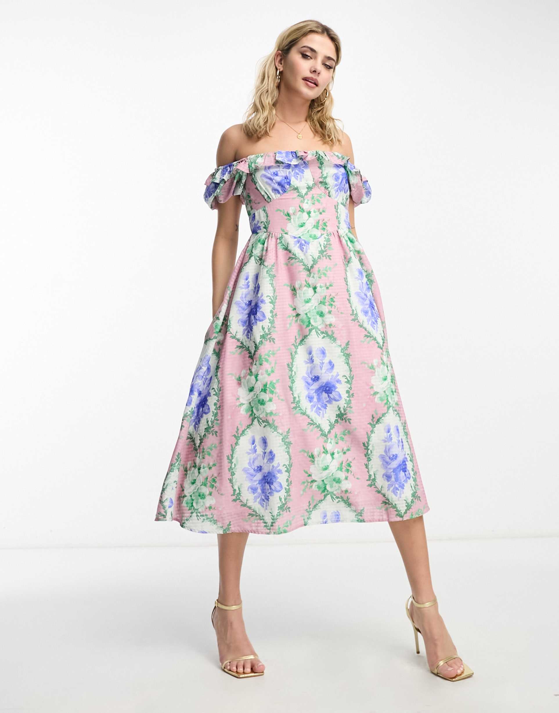 hope & ivy off shoulder midi dress in blue floral