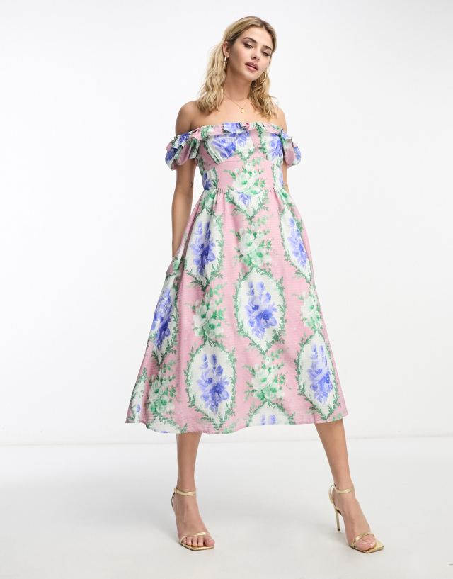 Hope & Ivy off shoulder midi dress in blue floral