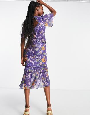 Hope & Ivy open back drop hem midi tea dress in navy floral