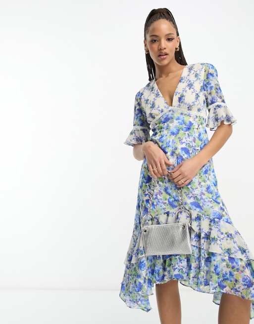 Hope Ivy open back frill midi dress in contrast white and blue floral