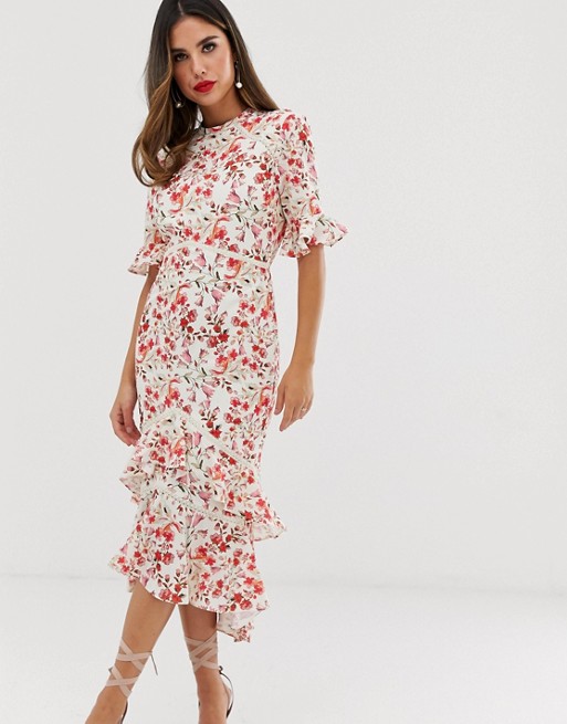 Hope & Ivy open back midaxi dress with ruffle hem in floral print