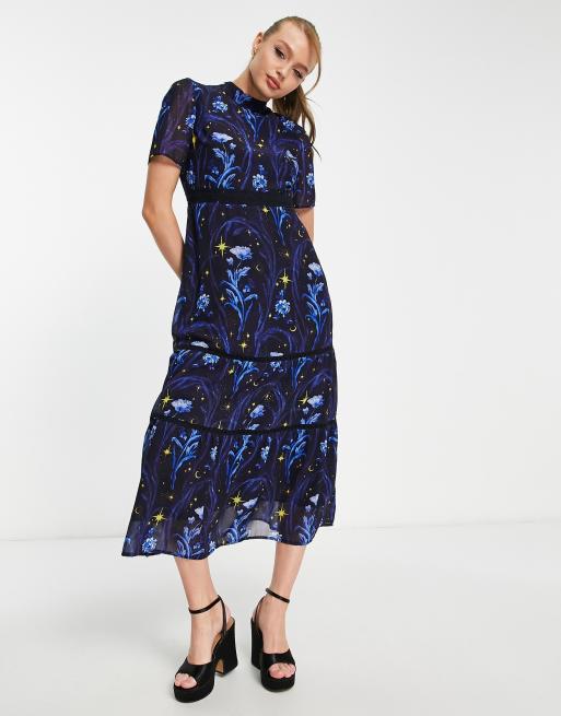 Hope & ivy high neck midi dress with open back in blue store floral