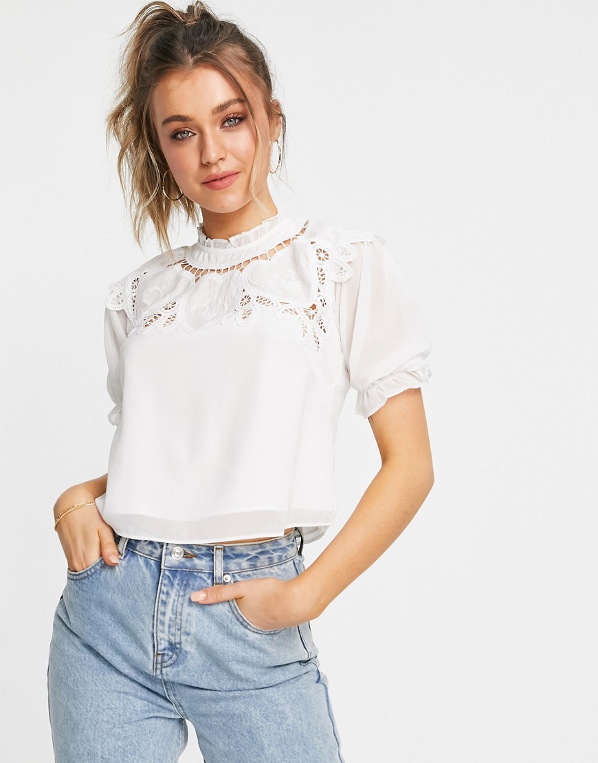 Hope & Ivy oversized collar blouse with broderie in ivory-White