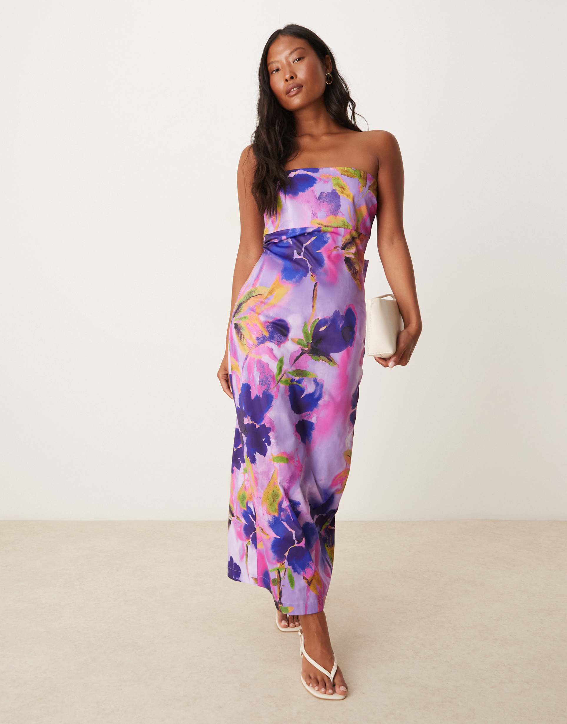 hope & ivy petite bandeau pencil midi dress with bow back in purple floral