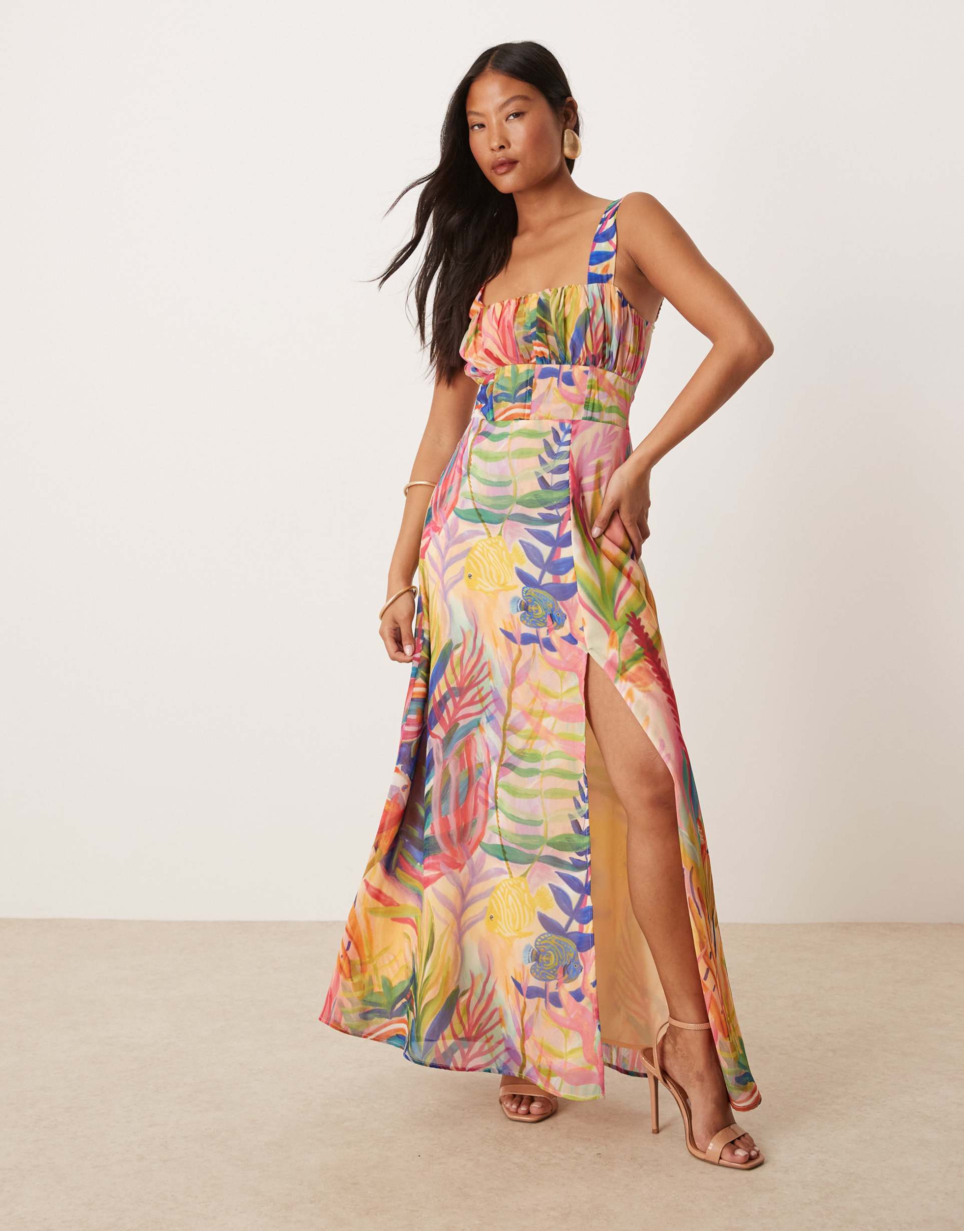 hope & ivy petite corset detail maxi dress in multi sea life print