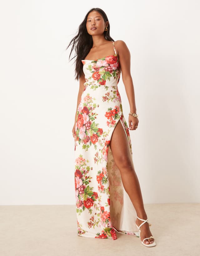 floral cowl neck high slit slip midi dress Hope & Ivy Petite cross back maxi with thigh in white red extended:303109