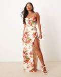 [Hope & Ivy Petite] Hope & Ivy Petite cowl neck cross back maxi dress with thigh split in white red floral 16 Red Multi