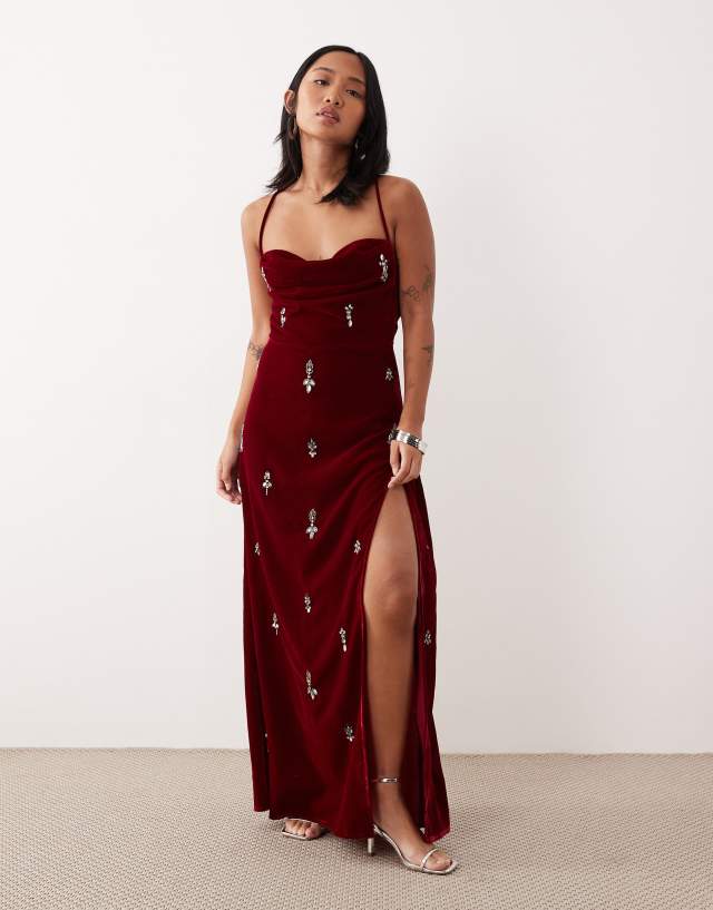 petite burgundy formal dress Hope & Ivy cowl neck embellished velvet maxi in Midi dress