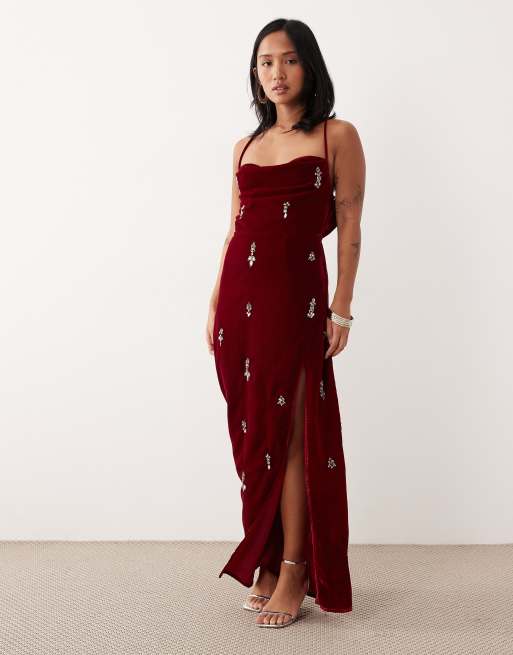 ivy park burgundy dress Hope & Petite cowl neck embellished velvet maxi in A-line High Neck Tea 692 Size:07+ The Cordelia Dress in