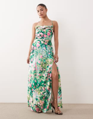 Hope & Ivy Petite cowl neck tie back slit front satin maxi dress in green garden