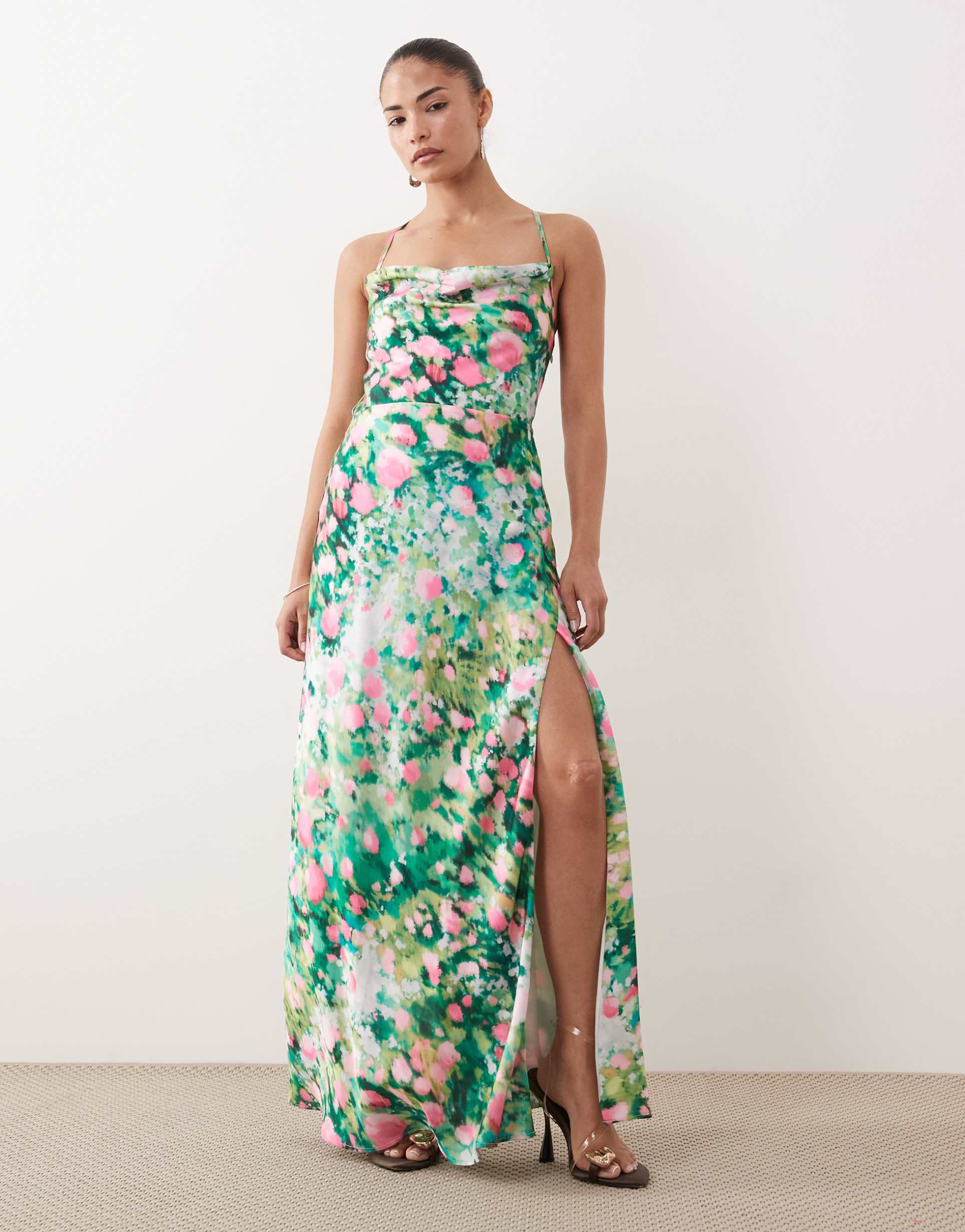 hope & ivy petite cowl neck tie back slit front satin maxi dress in green garden floral