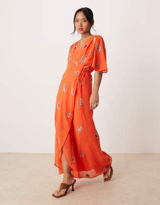 Hope & Ivy Petite embellished maxi wrap dress in orange - view 1