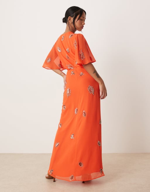 Hope & Ivy Petite embellished maxi wrap dress in orange, 3 of 4