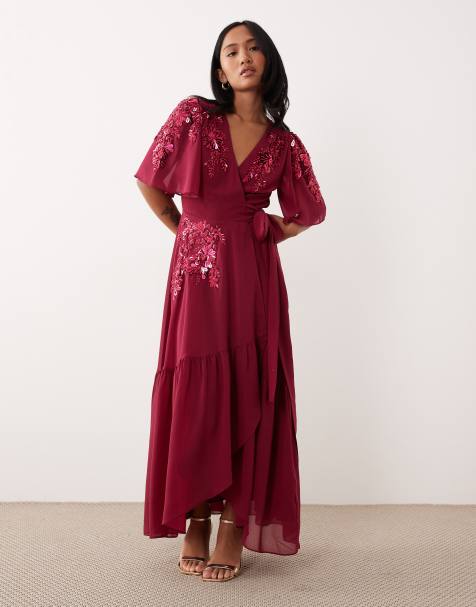 Hope & Ivy Petite embellished wrap front maxi dress in fuchsia