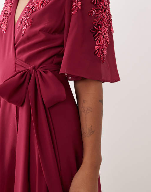 Hope & Ivy Petite embellished wrap front maxi dress in fuchsia, 3 of 4