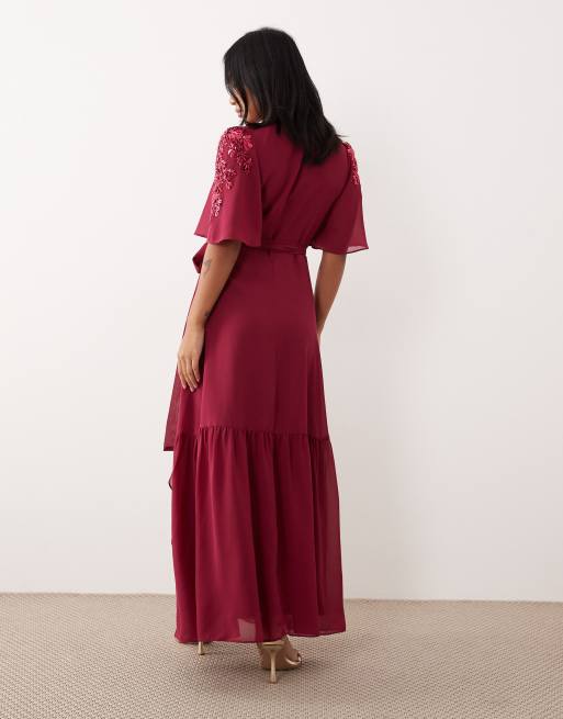 Hope & Ivy Petite embellished wrap front maxi dress in fuchsia, 4 of 4