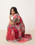 [Hope & Ivy Petite] Hope & Ivy Petite flutter sleeve maxi wrap dress in bright pink print 14 Pink