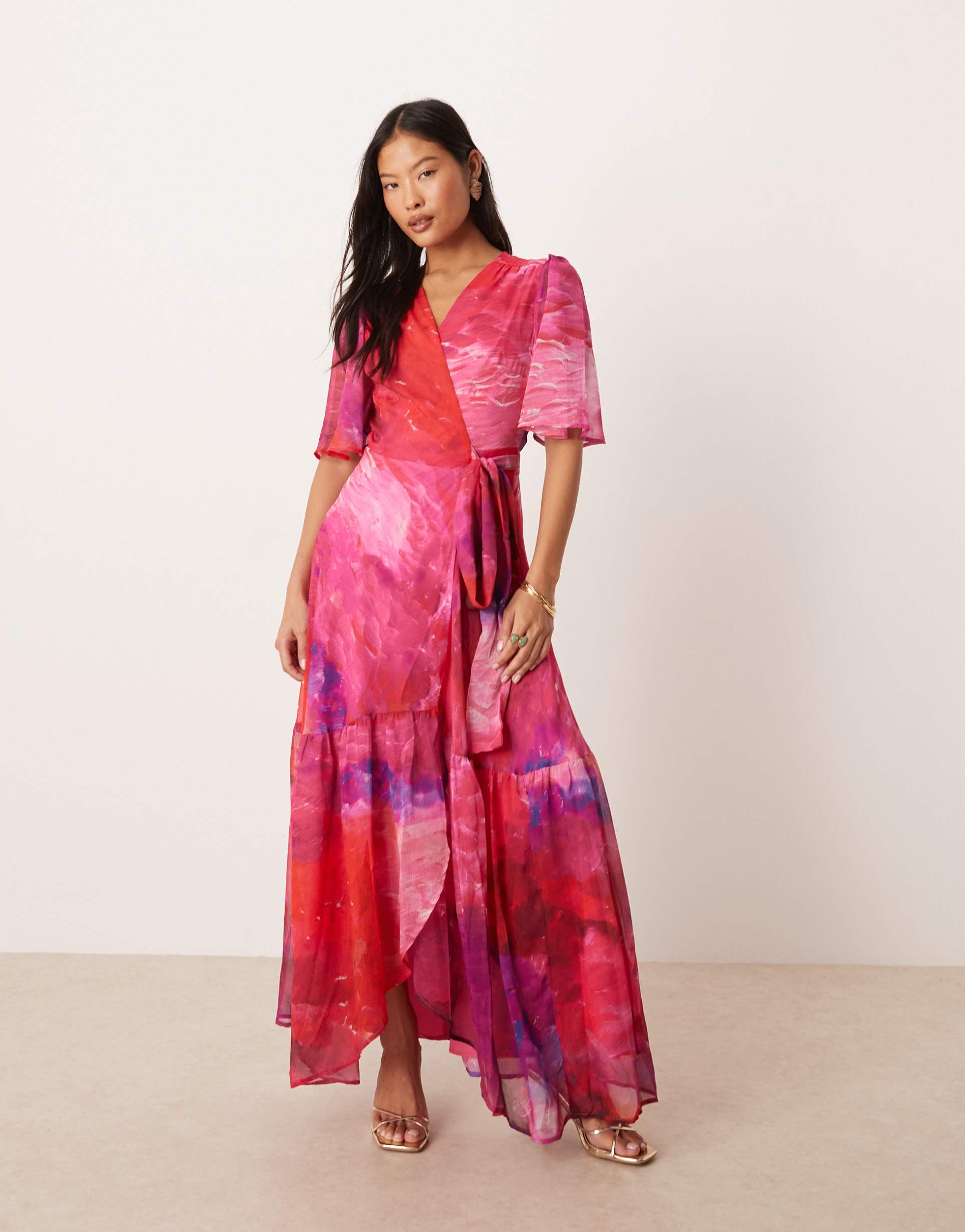 hope & ivy petite flutter sleeve maxi wrap dress in bright pink print