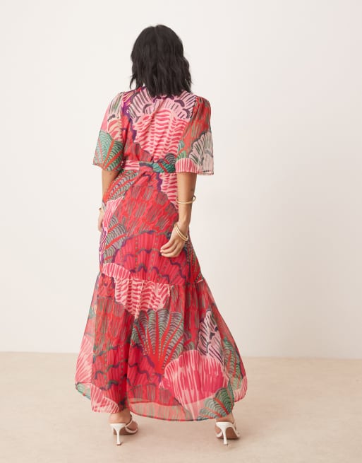 Hope & Ivy Petite flutter sleeve maxi wrap dress in bright pink print