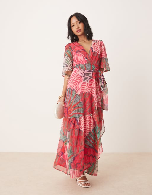 Hope & Ivy Petite flutter sleeve maxi wrap dress in bright pink print