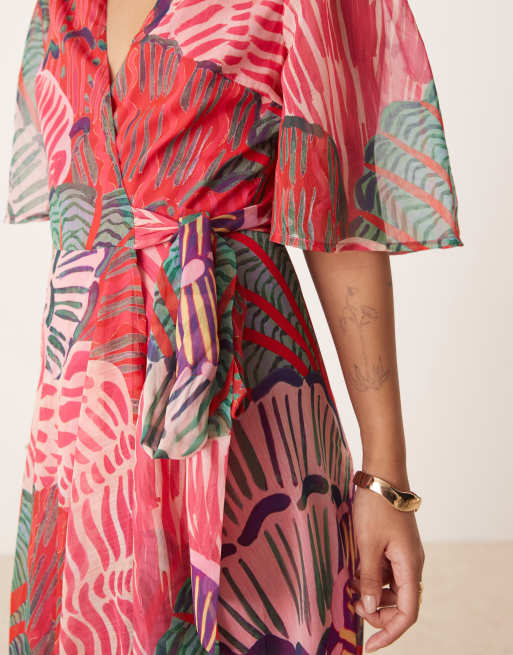 Hope & Ivy Petite flutter sleeve maxi wrap dress in bright pink print