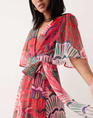 Hope & Ivy Petite Flutter Sleeve Maxi Wrap Dress In Multi