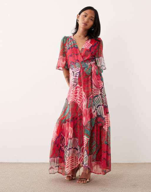 Hope & Ivy Petite flutter sleeve maxi wrap dress in red shell print, 3 of 4