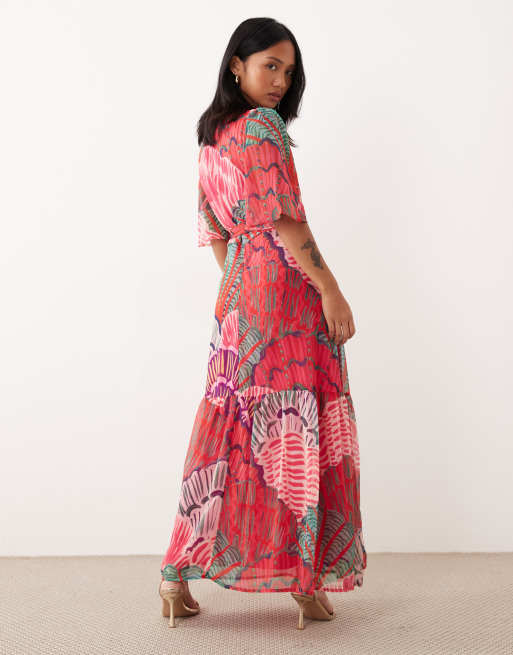 Hope & Ivy Petite flutter sleeve maxi wrap dress in red shell print, 4 of 4