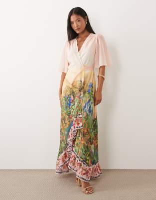 Hope & Ivy Petite Flutter Sleeve Wrap Maxi Dress In Multi