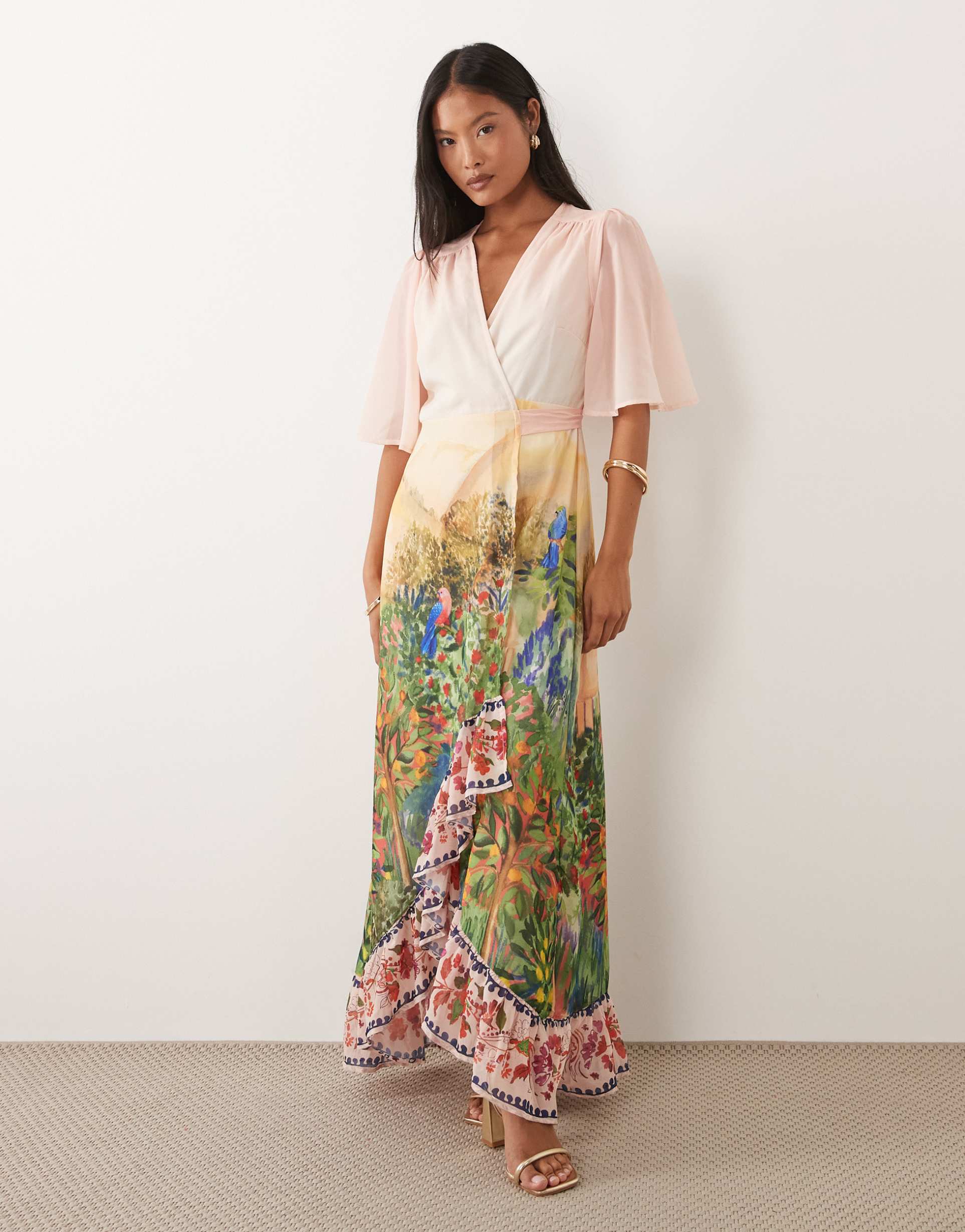 hope & ivy petite flutter sleeve wrap maxi dress in pink floral border scene