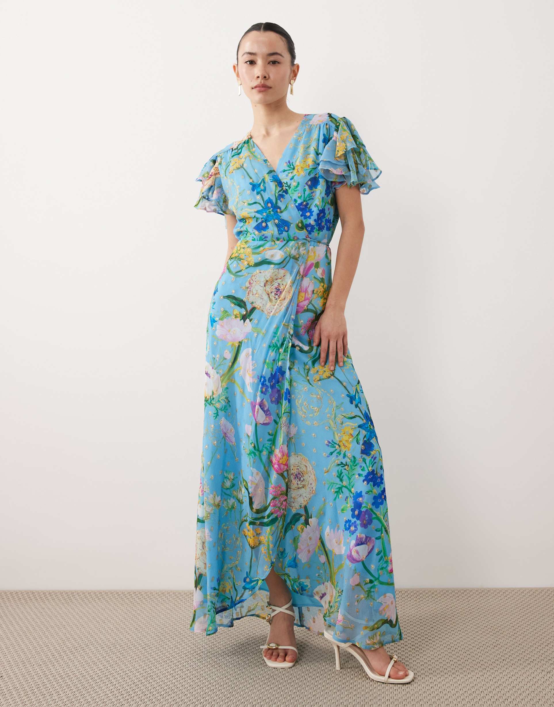 hope & ivy petite frill sleeve maxi wrap dress in blue floral print with gold fleck
