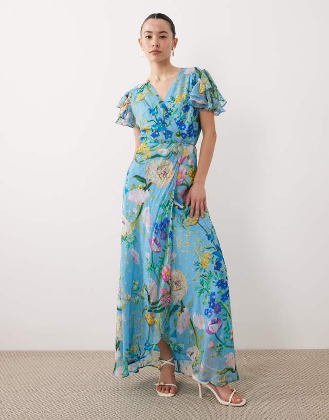 blue floral wrap maxi dress Hope & Ivy Petite frill sleeve in print with gold fleck wearing a size S.Style APD-AUG26-USA I Challenged My Friends Size:38.5EU