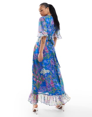 Hope & Ivy Petite Frill Sleeve Maxi Wrap Dress With Tie Waist In Blue