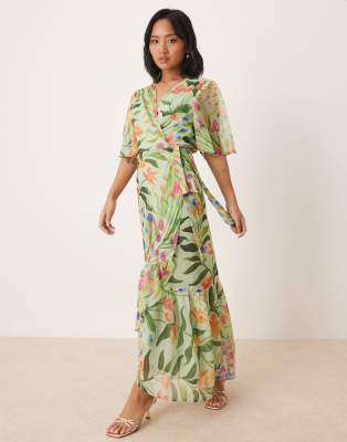 frill sleeve maxi wrap dress with tie waist in green print