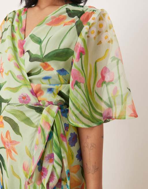 green and pink wrap dress Hope & Ivy Green Flutter Sleeve Maxi Wrap Dress main image 0